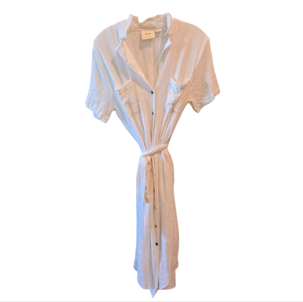 MAEVE by Anthropologie Aria White Textured Tie Waist Button down Midi Dress - Picture 5 of 8